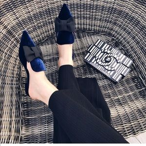Navy color velvet bow tie mule style slippers